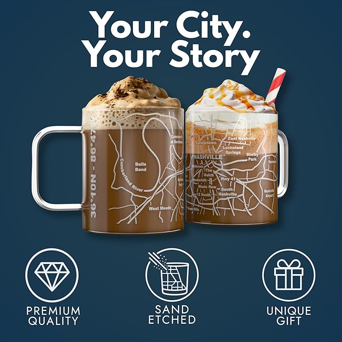 Greenline Goods – Nashville, TN Map Glass Coffee Mugs (Set of 2), 16 oz – Etched Wrap Design