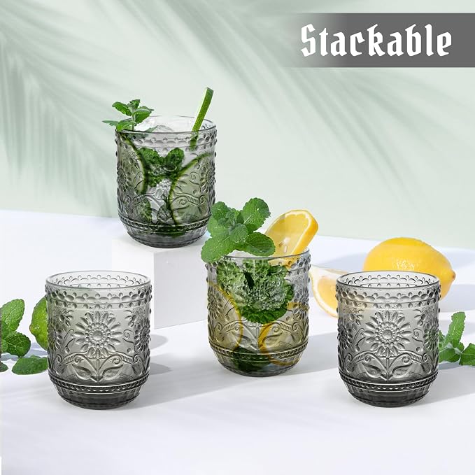 Topsky Vintage Drinking Glass Set of 4,12 oz Embossed Floral Drinkware Set,Gray Drinking Glasses Cups Wine Glasses Colored Glassware for Whisky,Beer,Juice,Cocktail,Heavy Duty - Image 8