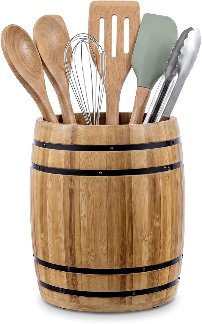 MyGift Wine Barrel Design Kitchen Utensil Crock, Light Brown Solid Bamboo Wood Cooking Tool Holder by MyGiftHome