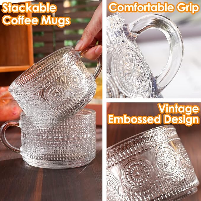 Vintage Glass Coffee Mugs Set of 4,14 OZ Embossed Glass Coffee Cups Coffee Mugs for Cereal, Yogurt, Latte, Clear Breakfast Cups with Handle for Housewarming Gifts (2*Flower+2*Beads) - Image 5