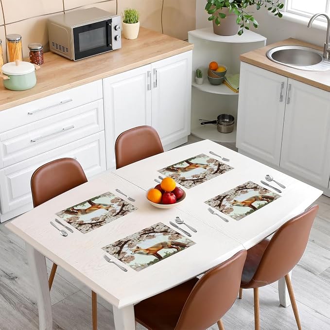 Feelyou Fox Table Place Mats 18"x12" Cute Cartoon Fox Placemats Set of 4 Ultra Soft Woodland Fox Placemat for Kitchen Dining Table Wild Animal Indoor Outdoor Decor Table Mats Cherry Blossoms - Image 3