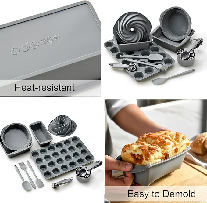 Baking Pans Set Non Stick, 18 PCS Silicone Bakeware Sets Non Toxic with Square/Round Cake Pan, Cupcake Molds, Spatula, Baking Brush and Measuring cups, Heat Resistant, Dishwasher Safe, Gray