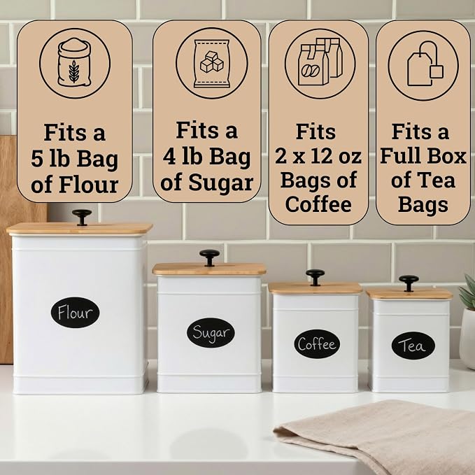 Kitchen Canisters for Countertop Set of 4 w/ Chalkboard Labels & Marker Pen | Airtight Easy Open Bamboo Lids, Dent-Resistant Thick Metal, Customizable Chalkboard Labels, Marker Pen Included, Set of 4 - Image 3
