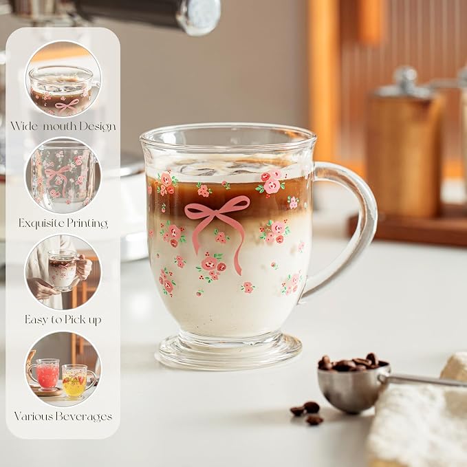 KEMORELA 16oz Gifts for Mom Women Mothers Day Valentines Day Gifts Glass Coffee Cute Pink Bow Mug Best Birthday Valentine's for Her Girlfriend Wife from Daughter Son Tea Cup Christmas Stocking Stuffer - Image 4