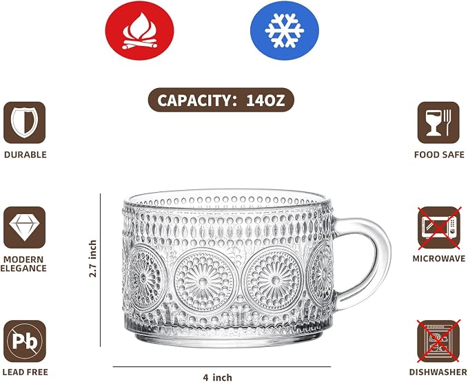 Gezzeny Vintage Coffee Mugs with Saucers 14 Oz Set of 2 Embossed Glass Cups, Tea Cups, Glass Coffee Cups for Cappuccino, Latte,Cereal, Beverage Birthday Valentine's Day Gifts - Image 7