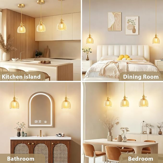 Ralbay Vintage Pendant Lights Kitchen Island,Amber Tulip Glass Shade,3Packs | Mini Pendant Light Fixture with Switch, Adjustable Brass Hanging Light for Bedroom, Dining Room, Hallway, Bar - Image 2