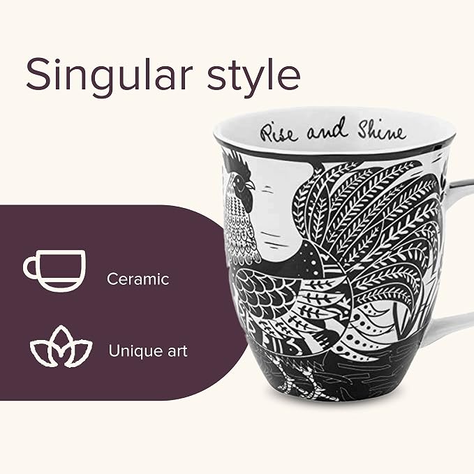 Karma Gifts 14 oz Black and White Boho Mug Rooster - Cute Coffee and Tea Mug - Ceramic Coffee Mugs for Women and Men - Image 3