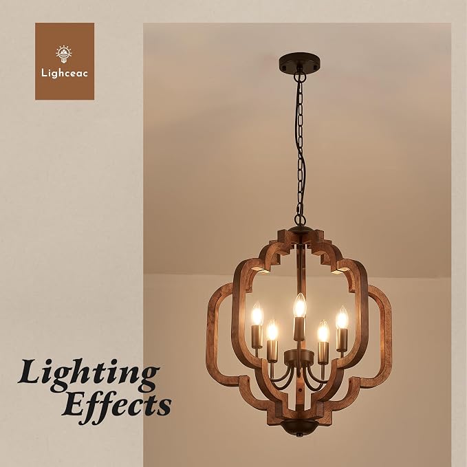 20.5" Farmhouse Vintage Chandelier 5-Light for Dining Room Rustic Handmade Wood Hanging Ceiling Pendant Light Fixture for Entryway Brown Retro Chandeliers for Kitchen Bedroom Foyer Hallway - Image 6