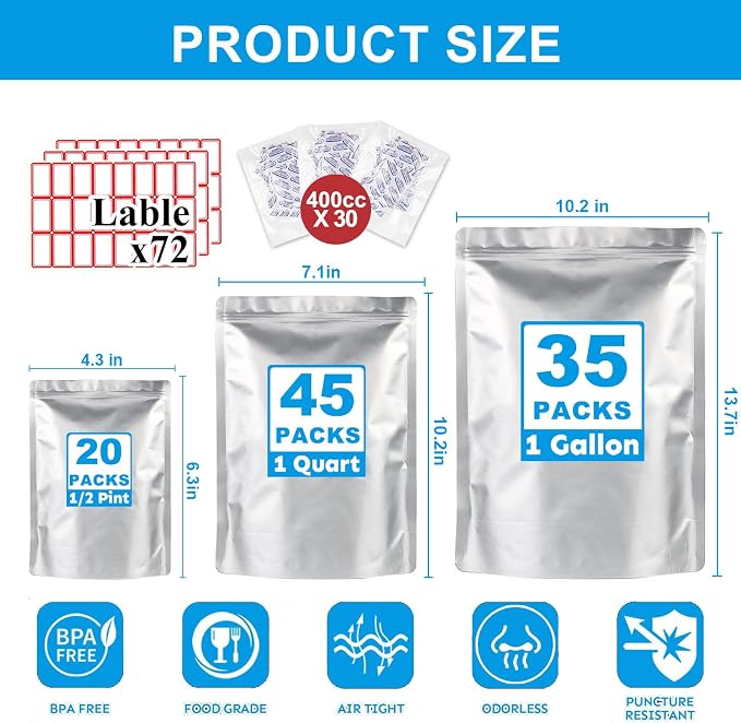 100PCS 3Size Mylar Bags for Food Storage with Oxygen Absorbers&Labels,10Mil Thick Resealable Zipper&Heat Seal Stand Up Pouches for Packaging Long Term,Dried Food - Image 2