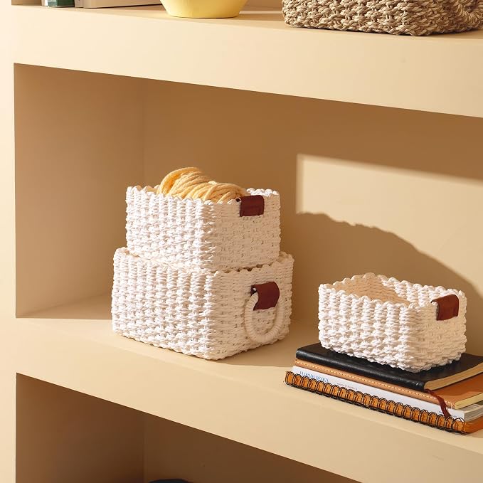 LA JOLIE MUSE Small Wicker Baskets for Organizing, White 3 Pack | Decorative Organizer with Vegan Leather Tag, Round Handle, Storage Baskets for Shelves, Bedroom, Kitchen, Office and Home - Image 2
