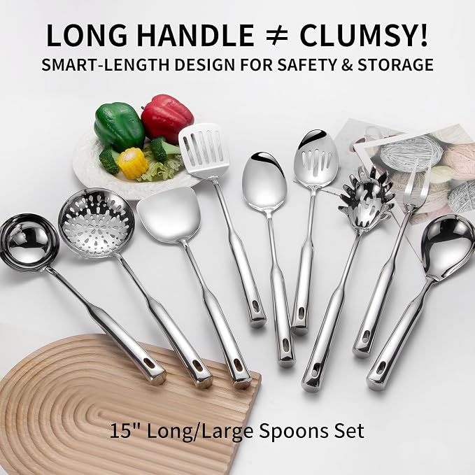 304 Stainless Steel Kitchen Cooking Utensils Set - 9 PCS Serving Utensils, Include Skimmer, Soup Ladle, Spaghetti Server, Wok Spatula, Slotted & Solid Spoon, Slotted Spatula Turner, Meat Fork (Silver） - Image 7