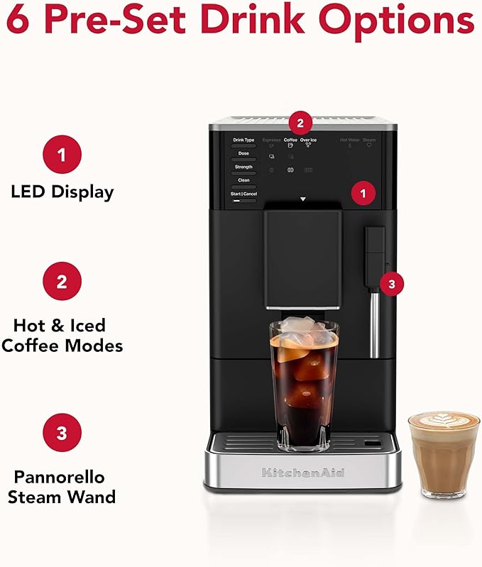 KitchenAid Fully Automatic Espresso Machine KF2 With Iced Coffee, KES8452 | 6 Hot and Iced Coffee Options, Built-In Grinder, Integrated Steam Wand for Milk Frothing, Black Matte - Image 2
