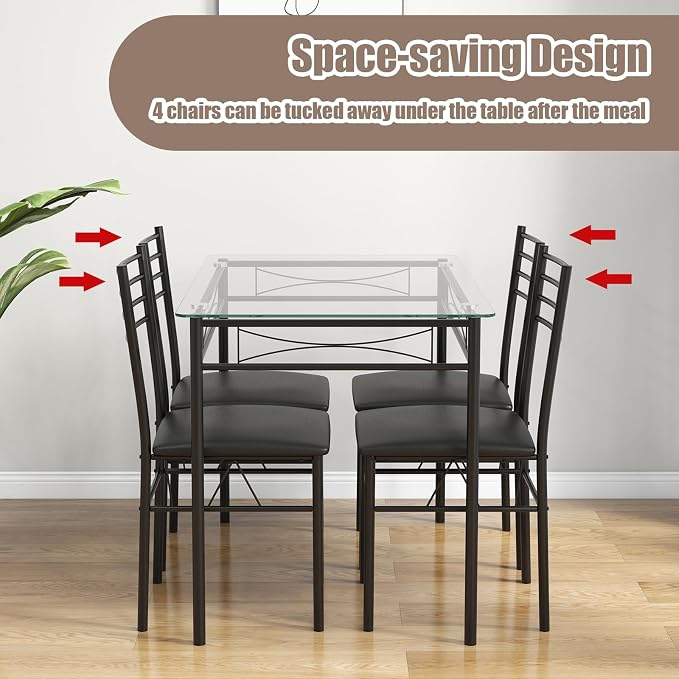 Giantex 5 Piece Dining Table Set, Kitchen Dining Set with Tempered Glass Table Top and 4 Upholstered Chairs, Dinette Set for 4 for Breakfast Nook Dining Room Kitchen (Black) - Image 6