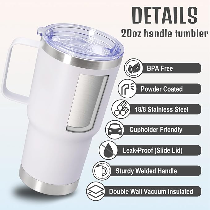 20 oz Tumbler with Handle and Lid Insulated Travel Coffee Mug White 1P | Stainless Steel Tumbler, coffee tumbler with handle,Spill Proof Double Wall Vacuum Tumbler Cup Keep Drink Hot & Cold - Image 3