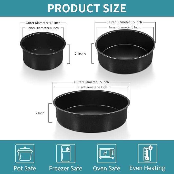 P&P CHEF 4/6 / 8 Inch Cake Pan Set of 3, Non-Stick Round Cake Pans | Round Cake Tins for Tier Smash Cakes, Baking Pans Set & Essential Bakeware, Stainless Steel Core & Leak-Proof - Image 2