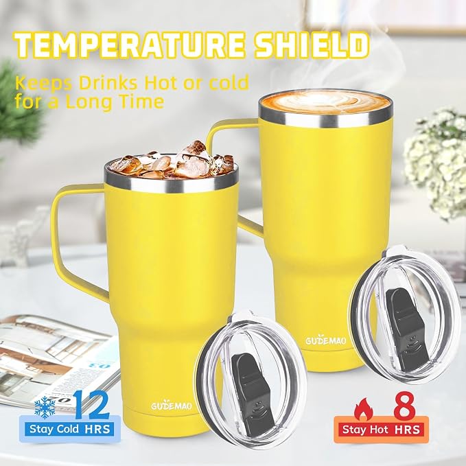 20 oz Insulated Coffee Mug with Ceramic Coating, Stainless Steel Travel Mug Tumbler with Handle Lid and Straw, Double Wall Leak-Proof Coffee Travel Mug Keeps Drink Hot and Cold (Yellow) - Image 4