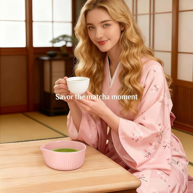 Traditional Matcha Bowl with Spout, Ceramic Matcha Tea Bowl (Chawan), Matcha Mixing Bowl for Whisking Matcha, Pink