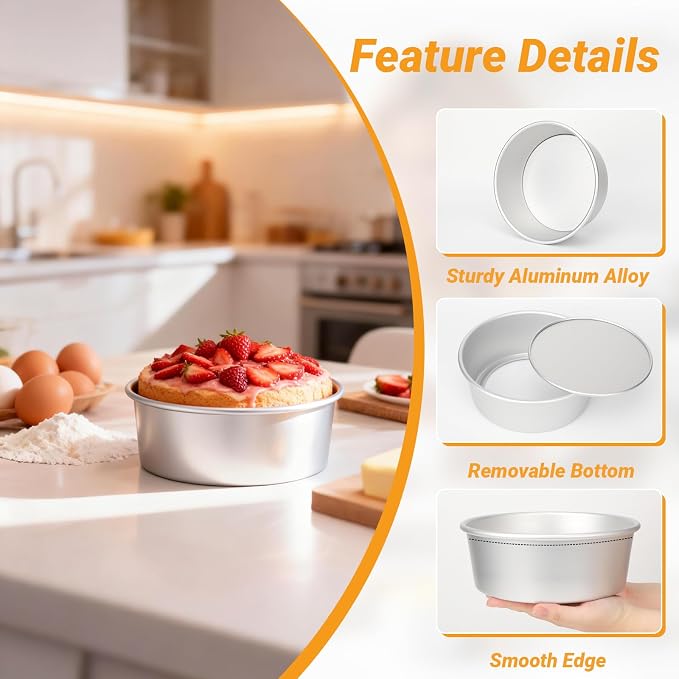 Beasea Cake Pans Removable Bottom, 8 inch Cheesecake Baking Pan Set of 2, Round Movable Cake Pan Aluminum Alloy Mini Cake Pan for Oven Baking - Image 3