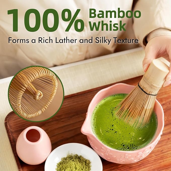Matcha Whisk Set, Pink Matcha Set, Ceramic Matcha Kit, Matcha Tea Set Includes Matcha Bowl, Matcha Whisk, Matcha Whisk Holder, Bamboo Scoop, Powder Sifter - 7 Pcs Matcha Set Christmas Gifts for Women