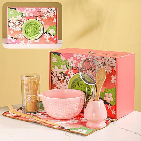8-Piece Matcha Ceremony Set - Tea Kit with Cherry Blossom Bowl, Bamboo Whisk, Wood Scoops, Tea Cloth & Floral Display - Gift-Ready Pink Cherry color box (pink)