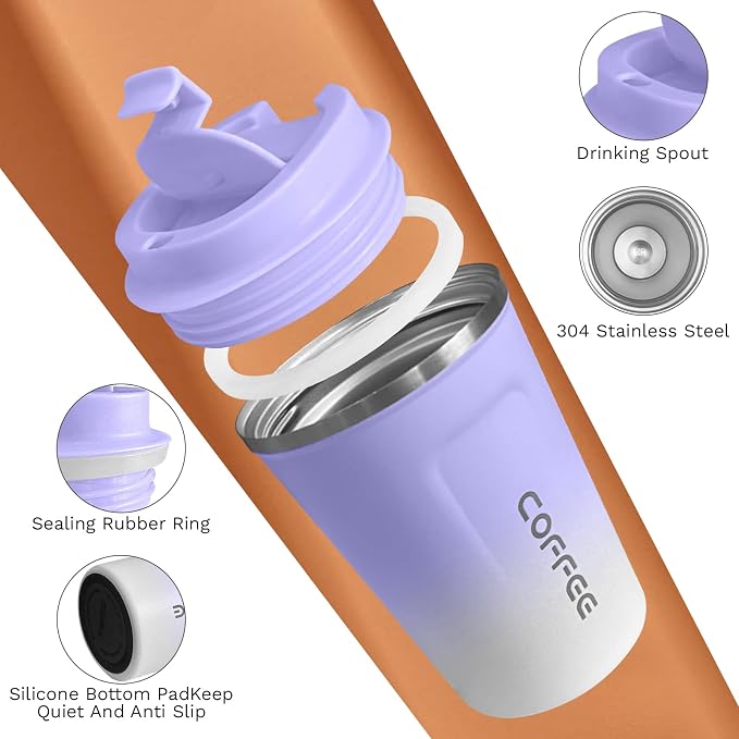 SPLMIFA Travel Coffee Mug Leak-Proof, Reusable Coffee Cups with Lid, Stainless Steel Vacuum Insulated Coffee Tumblers, Thermal Insulation Cup for Men & Women Hot & Cold Drinks(2nd-Purple White, 12OZ) - Image 3