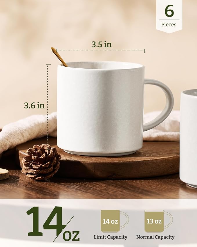 famiware Coffee Mugs Set of 6 Nebula 14oz Coffee Mugs, Ceramic Cup Set with Handle for Latte, Tea, Milk, Cappuccino, Cocoa, Matte Beige White - Image 4