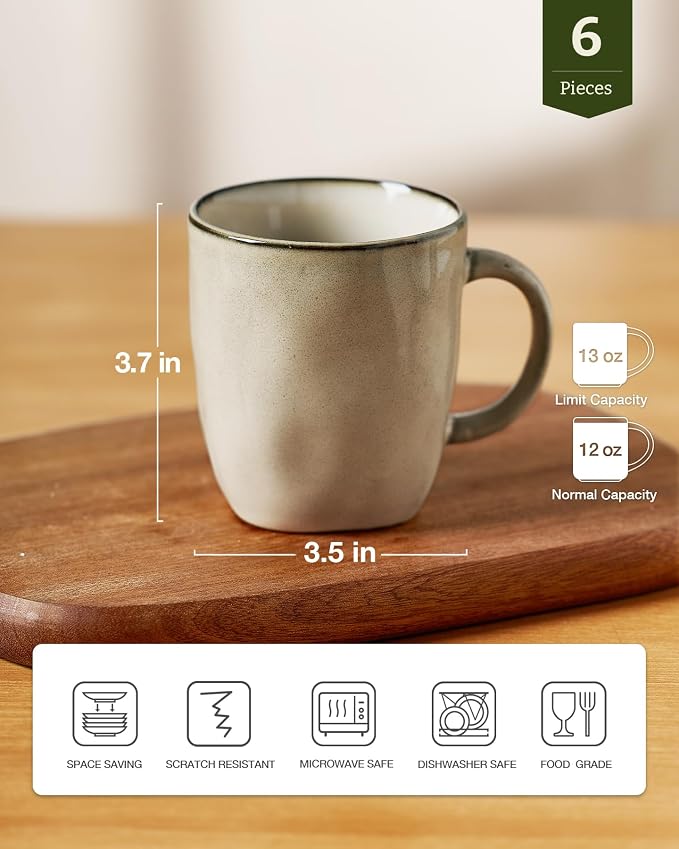 famiware Coffee Mugs Set of 6, Ocean Square 13oz Coffee Cup Set with Handle for Cocoa, Milk, Hot Chocolate, Tea, Water, Stoneware Cups for Kitchen, Microwave and Dishwasher Safe, Light khaki - Image 4