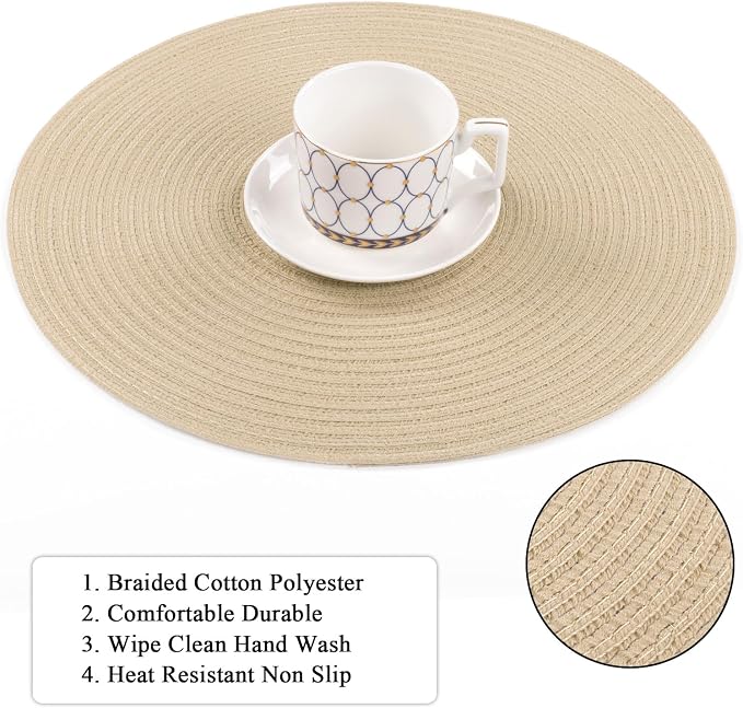 SHACOS 15 inch Round Placemats Set of 8 for Dining Table Cotton Polyester Braided Place Mats Washable Kitchen Table Mats for Dinner Party Table (Light Beige, 8) - Image 4