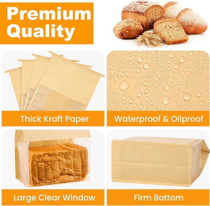 Ocmoiy Bread Bags for Homemade Breads, 8.7 x 4.3 x 11 Inches, 100 Pack | Tin Tie Tab Lock, Resealable, Large Bakery Packaging Bags with Window, For Sourdough Bread, Bagels, Pastry - Image 3