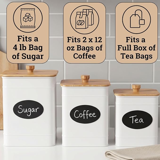 Kitchen Canisters for Countertop Set of 3 w/ Chalkboard Labels & Marker Pen | Airtight Easy Open Bamboo Lids, Dent-Resistant Thick Metal, Customizable Chalkboard Labels, Marker Pen Included, Set of 3 - Image 3