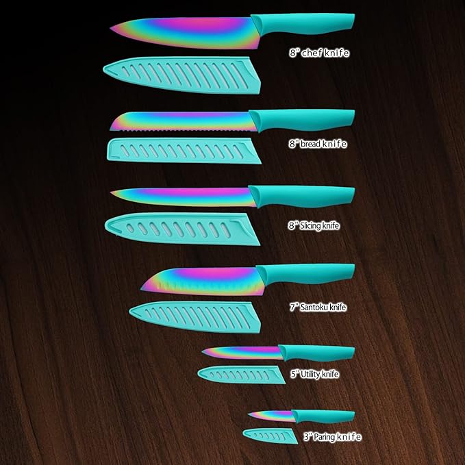 Marco Almond Kitchen Knife Set 12PC Rainbow Steel Knife Set w Cover | 6 Knives with 6 Blade Guards,Rainbow Stainless Steel Knives Set for Kitchen, Anti-Rust,Ergonomic Handle,Full Tang,Gift Box - Image 2