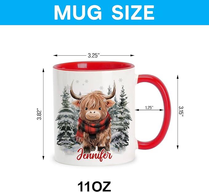 Hyturtle Personalized Winter Highland Cow Coffee Mug for Christmas Birthday | Highland Cow Lovers Gift Ideas for Women Men - 11oz Two Tone Color Red/White Ceramic Tea Mug Cup, Comfort grip handle - Image 4