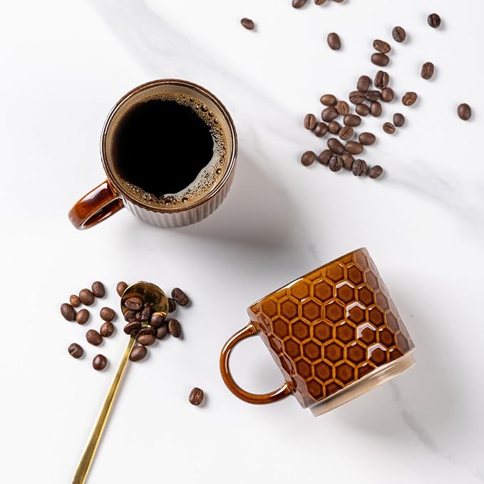 GBhome 6 OZ Stackable Coffee Mugs Set of 4, Ceramic Coffee Cups Set | 4 Assorted Designs, Embossed Mugs with Texture Patterns for Espresso/Tea, Dishwasher&Microwave Safe, Caramel - Image 3