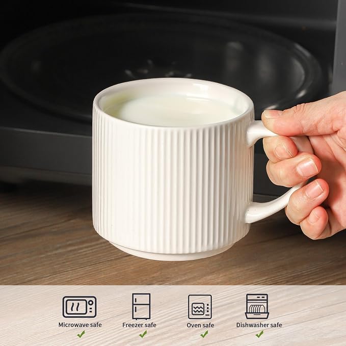 HASENSE Stackable Coffee Mugs,15oz Coffee mugs Set of 4,Ceramic Coffee Mug with Rack,Porcelain Coffee Cups for Latte,Cocoa, Americano, Hot Tea and Milk,Vertical Striped,White - Image 2