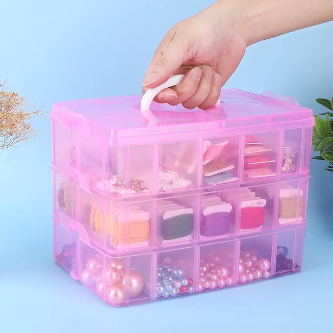 Large Stackable Craft Storage Containers, 3 Layers Hair Accessories Organizers Box with Adjustable Compartments, Plastic Bead Organizer Case for Art Supplies, Jewelry, Toys, Nail, Embroidery