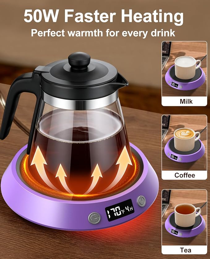Kepwam Coffee Mug Warmer - 50W Electric Coffee Warmer for Desk 3 Temp Settings & 2-9 Timer Smart Cup Warmer for Desk Candle Warmer Plate with LED Lights Beverage Tea Milk Warmer for Home & Office - Image 5
