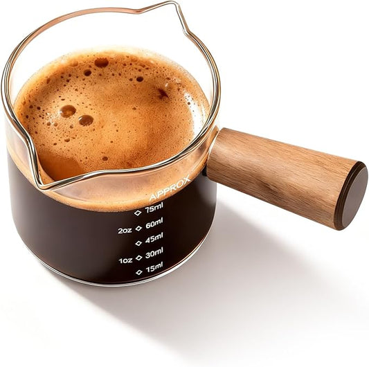 YARRAMATE 3.4oz Espresso Cups with Wood Handle, Clear Glass Espresso Accessories, Double Spout Measuring Cup with Dual Scale, Espresso Shot Glass with V-Shaped Spout