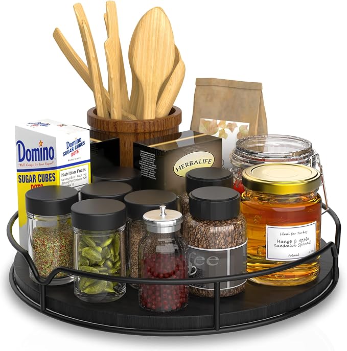 Lazy Susan Turntable Organizer with Anti-Slip Mat for Cabinet Pantry Kitchen Countertop Refrigerator Office, Pine Wood, 10", Black by AXTEE