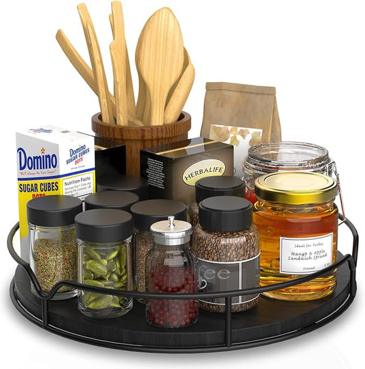 Lazy Susan Turntable Organizer with Anti-Slip Mat for Cabinet Pantry Kitchen Countertop Refrigerator Office, Pine Wood, 10", Black by AXTEE