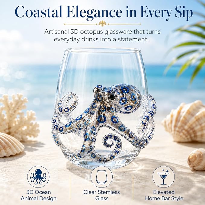 12oz Artisanal Blue Ringed Octopus Glassware, 3D Ocean Animal Artisan Glassware Collection For Fresher Sips, Coastal Elegance & Elevated Home Bar Vibes (One Set) - Image 2