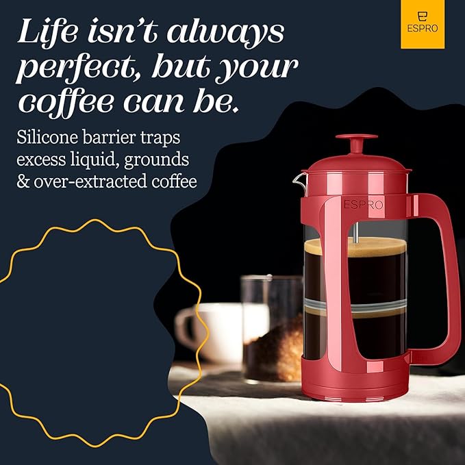 ESPRO P3 French Press Coffee Maker – Patented Double Micro-Filter for Grit-Free Brew, Heat Resistant thicker Borosilicate Glass Coffee press – Red (32oz)