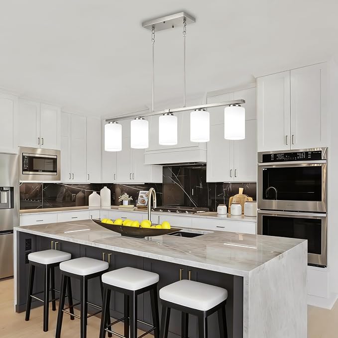 5-Light Kitchen Island Lighting Brushed Nickel Dining Room Light Fixtures | Modern Linear Chandelier Over Table, Adjustable Kitchen Lighting Fixtures Over Island with White Frosted Glass - Image 3