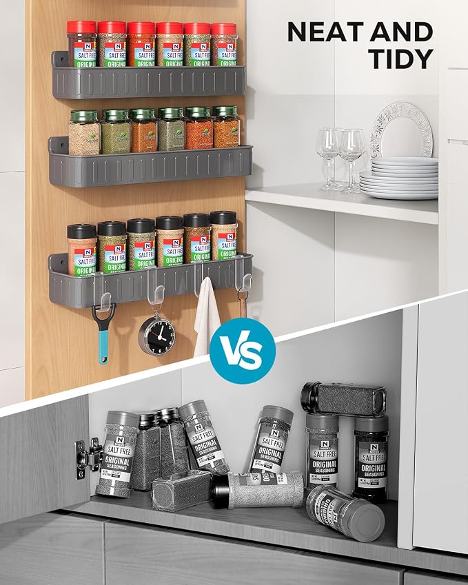 Nieifi Spice Rack Wall Mount, 4 Pack Grey, 2" Depth, Screw/Adhesive | Wall-Mounted with Removable Hooks Saves Counter Space, Fits 2" Deep Jars, Ideal for Kitchen Cabinets, Pantry Doors, and RVs. - Image 5
