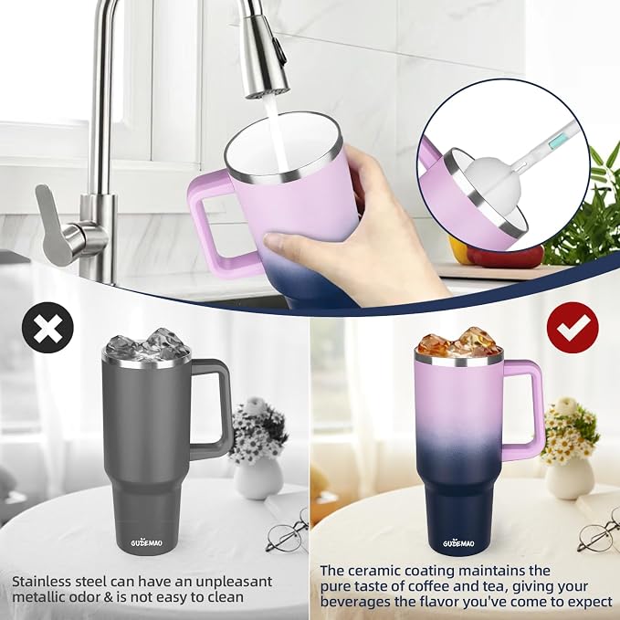 40 oz Insulated Coffee Mug with Ceramic Coating, Stainless Steel Travel Mug Tumbler with Handle Lid and Straw, Double Wall Leak-Proof Coffee Travel Mug Keeps Drink Hot and Cold (Purple Navy) - Image 5