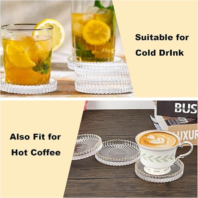 Set of 5 Modern Clear Coaster-Glass Coasters for Drinks,Clear with Gold Rim | Crystal Coasters Round Cup Mat, Coffee Table Decor for Office, Kitchen, Bar, Dining Room, Living Room, Patio - Image 4