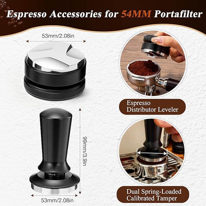 54mm Espresso Accessories Kit, 7 PCS Espresso Tamper Tools, WDT Tool Set with Coffee Tamper, Distributor, Dosing Funnel, Stirrer, Puck Screen, Brush & Wood Tamping Station - Fits 54mm Portafilter