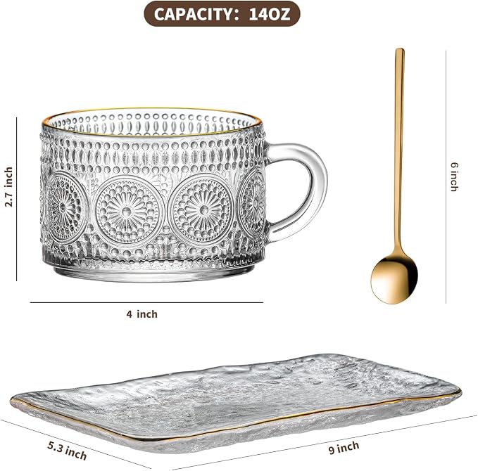 Gezzeny Vintage Coffee Mugs Set, Glass Cups Set with Saucer and Spoon, Clear Embossed Tea Breakfast Dessert Plate for Cappuccino, Latte, Cereal, Milk, Home Office Party, Golden, 3 Piece - Image 2
