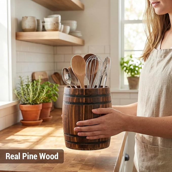 MyGift Wine Barrel Design Kitchen Utensil Crock, Vintage Rustic Burnt Wood Cooking Tool Holder | Vintage Farmhouse Style Cooking Tool Storage Holder for spatulas, spoons, whisks, and accessories, Countertop Organizer - Image 4