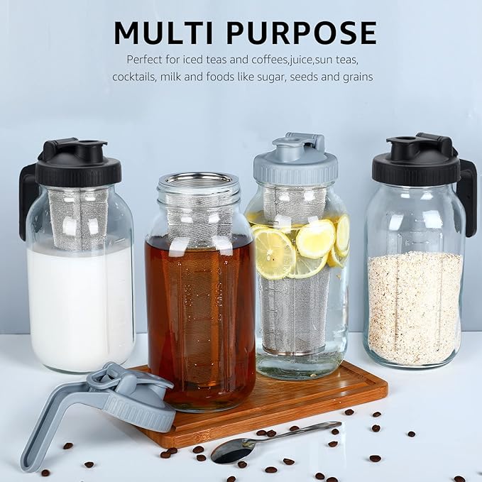 Cold Brew Coffee Maker Pitcher - 64oz Iced Coffee Maker with Stainless Steel Mixing Spoon & Super Dense Filter 3 Steps Finish, Classic BPA Free Sturdy Mason jar Pitcher with Gray Lid Easy to Clean