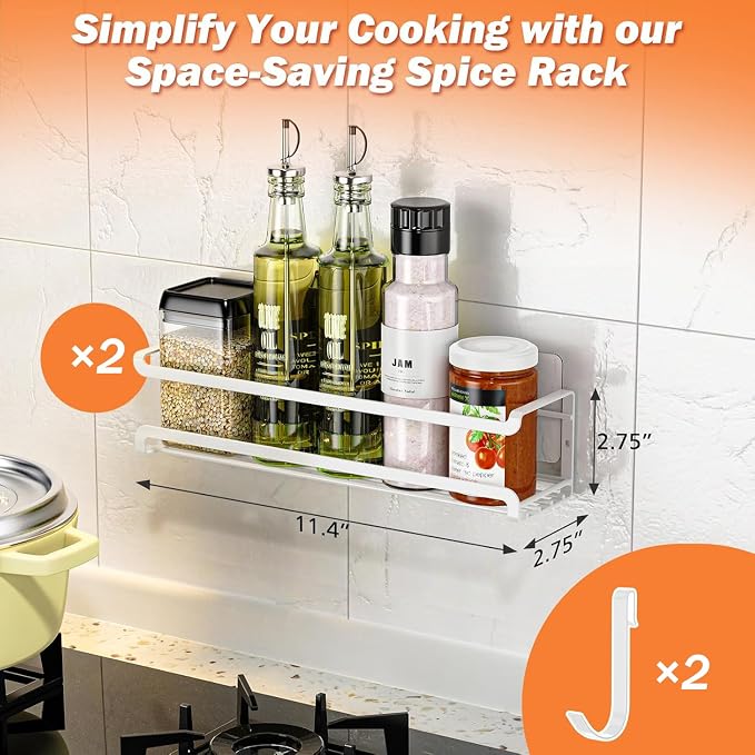 Bunoxea Spice Rack Wall Mounted 2 Pack, White,For Spice Jars & Seasonings | 2 Removalble Hooks,Screw or Adhesive Hanging, Space-Saving,For Kitchen Cabinet, Pantry Door,Stove,RV Use,11.41x2.75x2.75in - Image 2